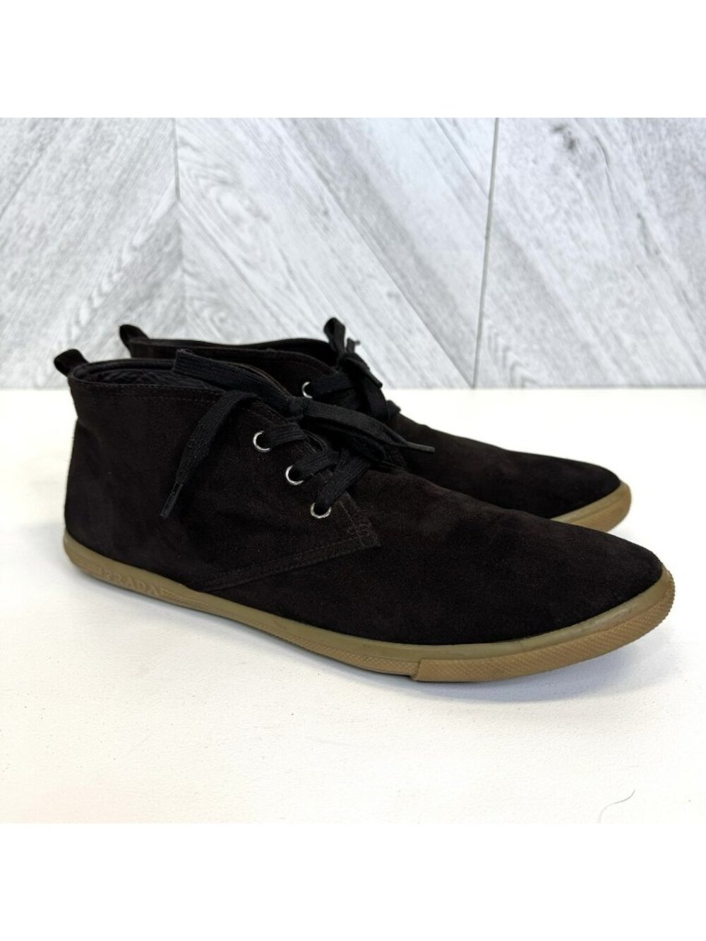 Prada Suede Chukka Boots Mens Size 11 Dark Brown Desert Ankle Shoes Gum Soles